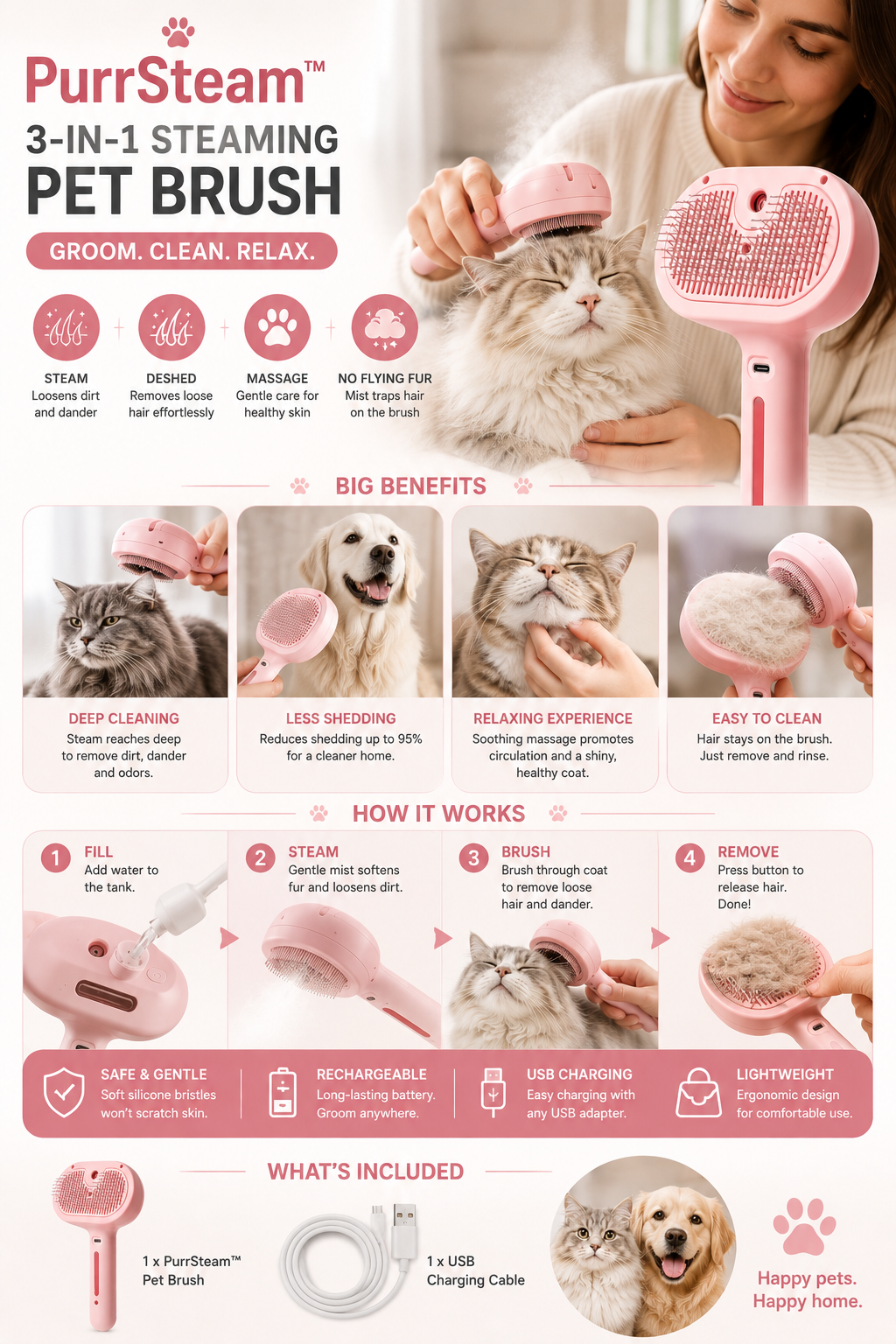 PurrSteam™ 3-in-1 Steaming Pet Grooming Brush